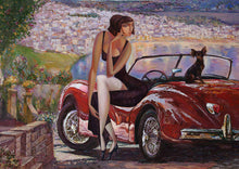 Load image into Gallery viewer, Mint Decoupage Paper A3 size Lady in Red Car
