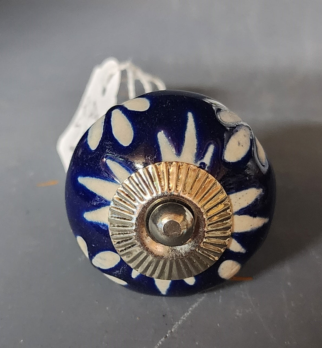 Navy Blue Etched Ceramic Knob Silver Finish